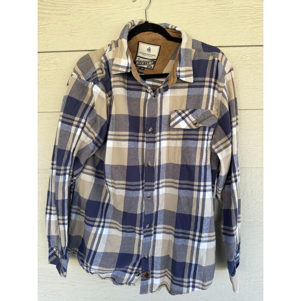 Legendary Whitetails The Original Buck Camp Flannel Plaid Blue Tan Shirt Size LG